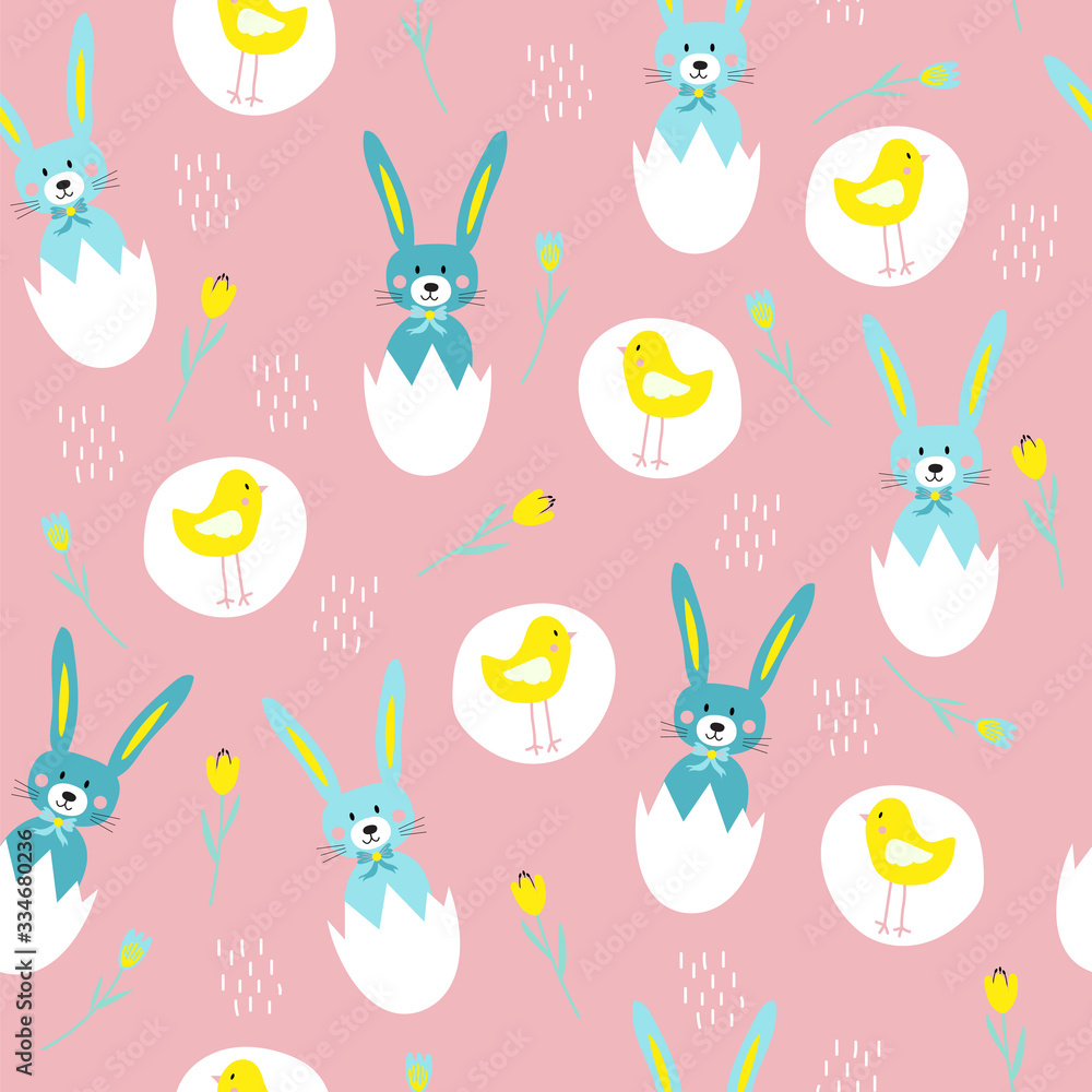 Easter bunnies jumping out of broken egg, chickens, and flowers on a pink background seamless pattern print