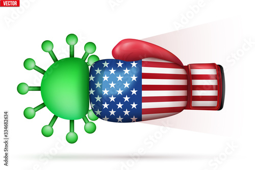 Coronavirus defeated in USA. Kick the virus with boxing glove in American flag. The virus is attacked by american medicine. Coronavirus glove strike. Vector Illustration isolated on white background.
