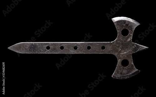 Scratched steel throwing axe on black background (ID: 334682691)