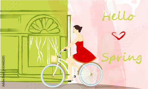 Hello Spring banner with cute girl on a bike near the shop window, building silhouette, spring