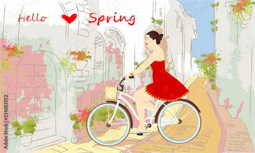 Hello Spring banner with cute girl on a bike on a street. Buildings, greens and flowers