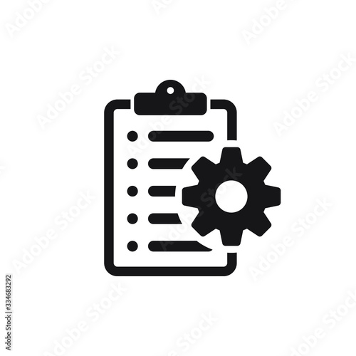 Clipboard with gear isolated icon. Technical support check list icon. Management flat icon concept. Software development.