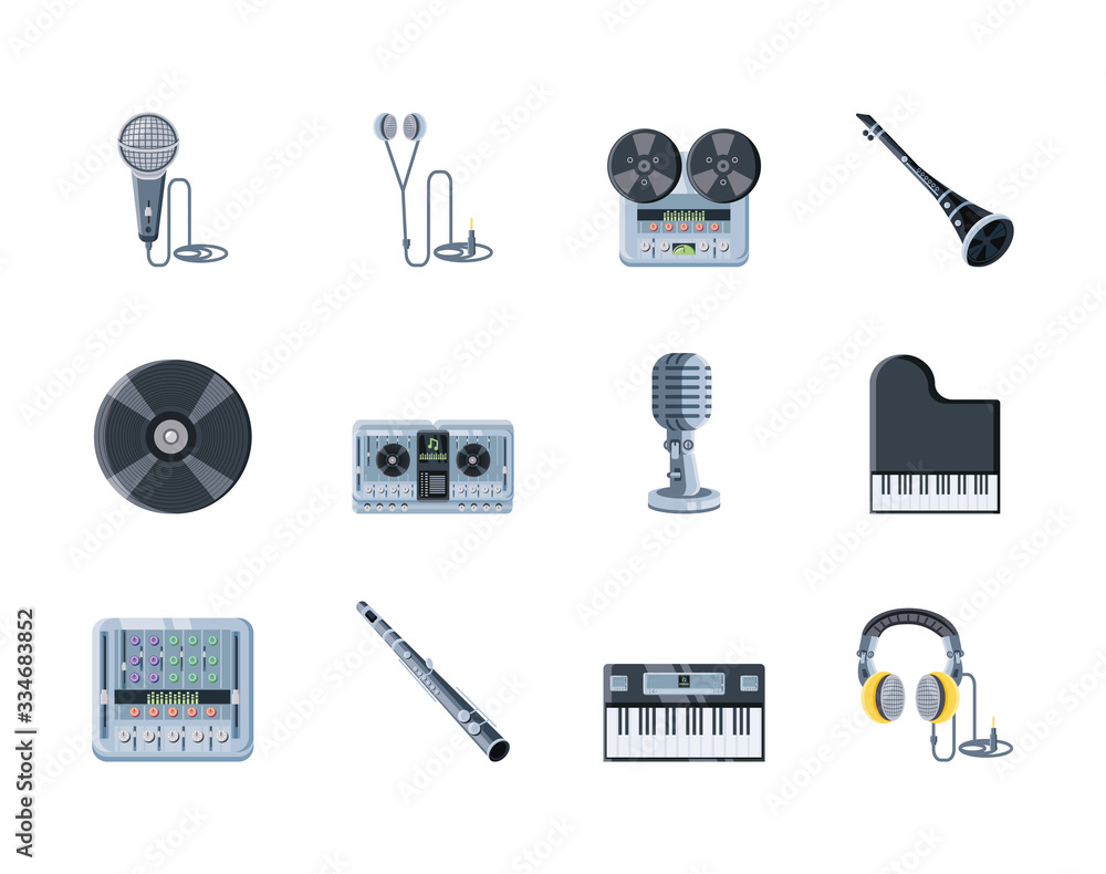 set of icons musical instruments on white background