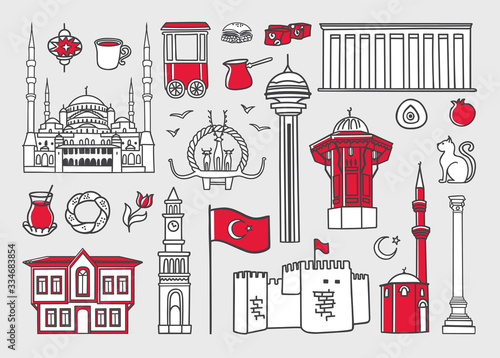 Set of vector clip art Symbols of Ankara, Turkey. Mausoleum, Ottoman house, mosque, monuments and other Turkish landmarks. Travel to Turkey card design. Souvenir print and city promotion design.