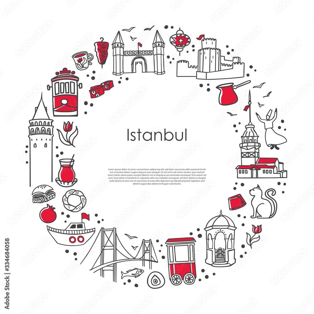 Naklejka premium Modern vector illustration Istanbul, Turkey. Famous Turkish landmarks and symbols in the round composition on white. Trendy line elements in the circle frame. Travel and souvenir card design