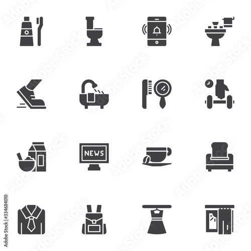 Morning routine vector icons set, modern solid symbol collection, filled style pictogram pack. Signs, logo illustration. Set includes icons as alarm clock, teeth washing, shower, breakfast, dressing