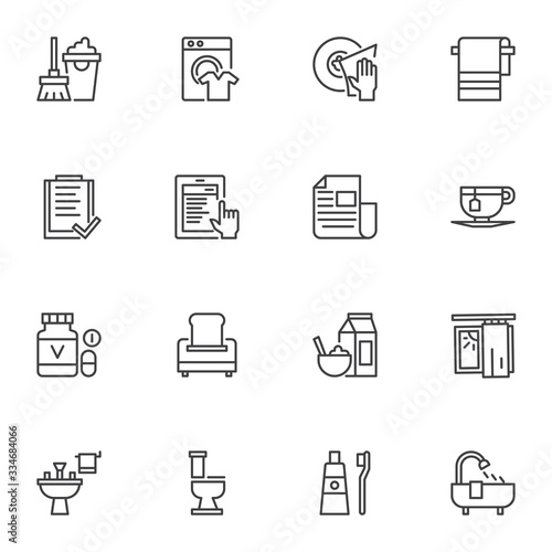 Daily routine line icons set. linear style symbols collection, outline signs pack. vector graphics. Set includes icons as cleaning, dishwashing, planning, morning breakfast, shower, newspaper, toilet
