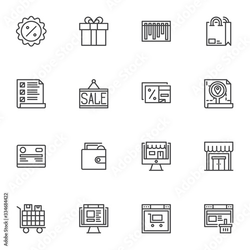 E-commerce line icons set. linear style symbols collection outline signs pack. Online shopping vector graphics. Set includes icons as discount label, shopping bag, sale sign, package tracking, payment