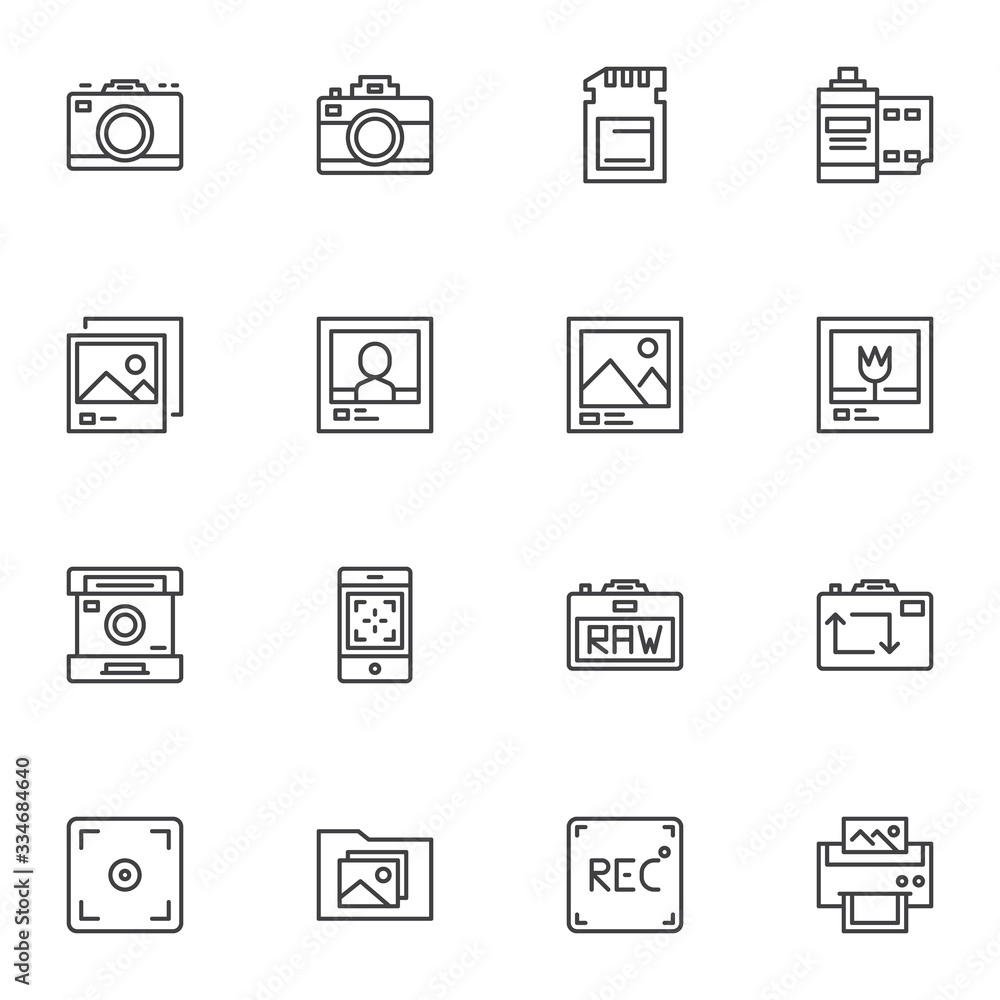 Photography line icons set. linear style symbols collection, outline signs pack. vector graphics. Set includes icons as photo camera, sd card, film strip, viewfinder, picture printing, gallery folder Photography line icons set. linear style symbols collection, outline signs pack. vector graphics. Set includes icons as photo camera, sd card, film strip, viewfinder, picture printing, gallery folder