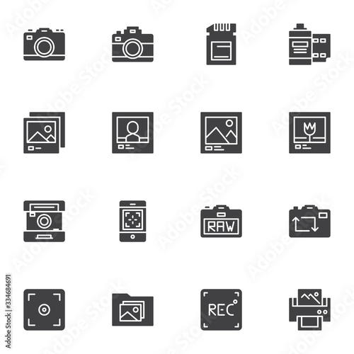 Photography vector icons set, modern solid symbol collection, filled style pictogram pack. Sign logo illustration. Set includes icons as photo camera, sd card, film strip, viewfinder, picture printing