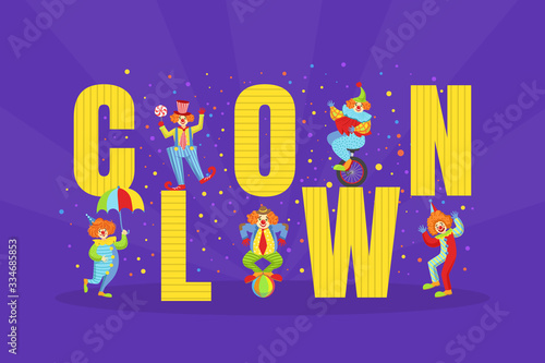 Clown Big Word and Funny Comedians Characters, Circus Performance Vector Illustration