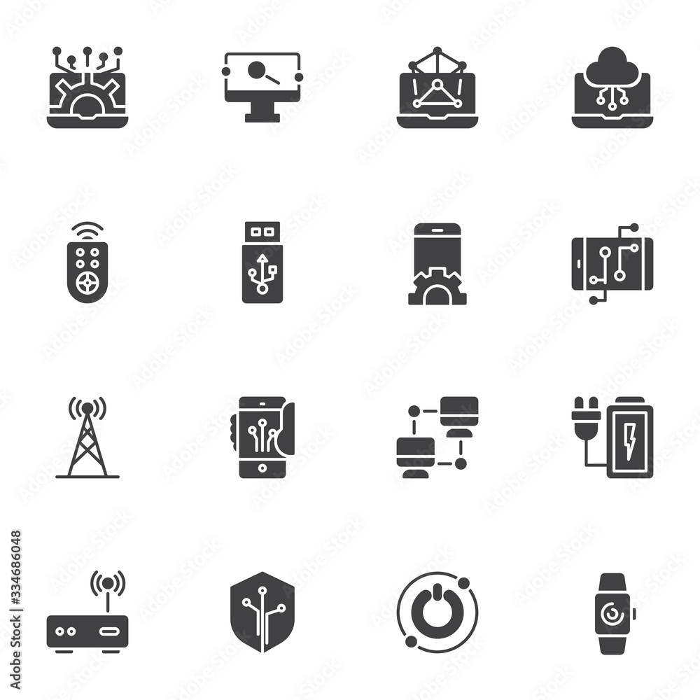 Electronic technology vector icons set, modern solid symbol collection, filled style pictogram pack. Signs, logo illustration. Set includes icons as broadcast antenna, wireless remote control, usb