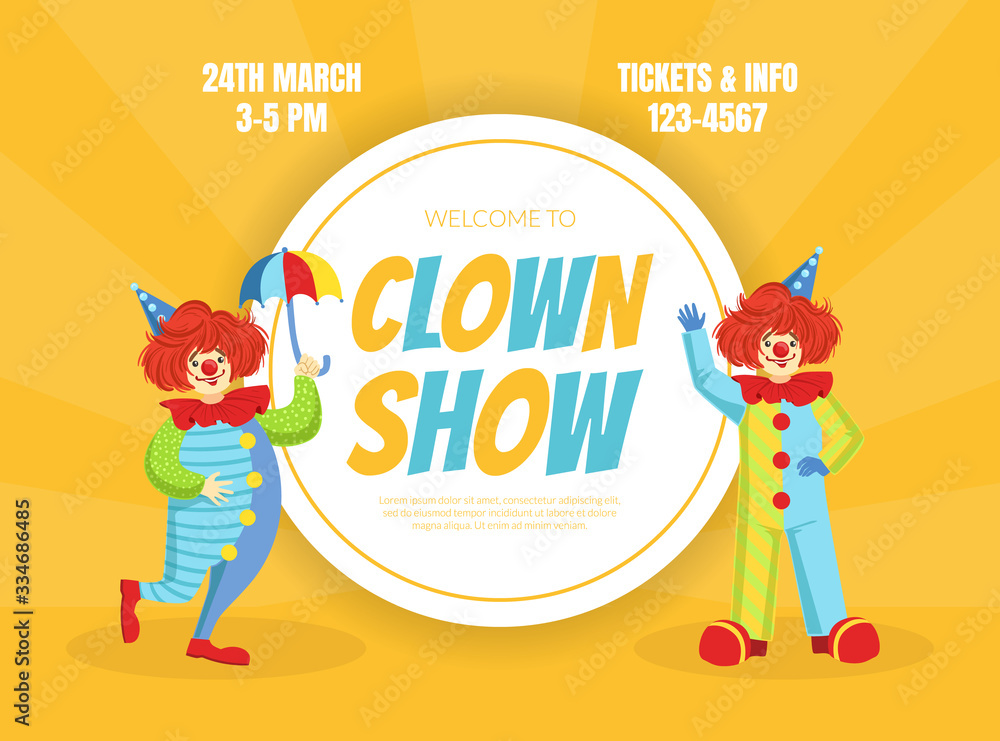 Clown Show Invitation Poster or Banner, Circus Performance with Funny Clowns Vector Illustration