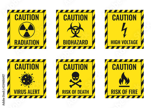 Warning signs set - danger, radiation, biohazard, death, voltage, flame, virus