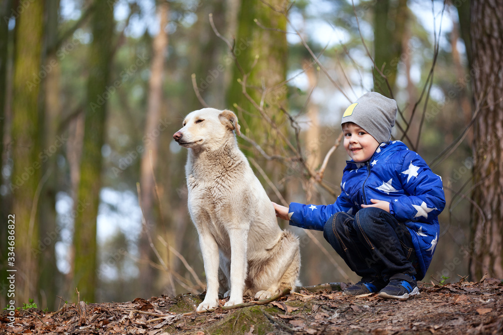 Little cheerful boy sits next to dog, in spring forest. Child and a dog.