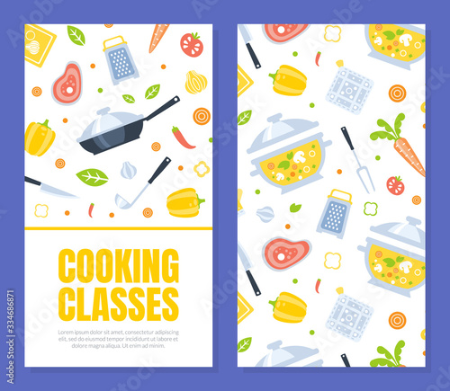 Cooking Class Card Template with Kitchen Utensils Seamless Pattern, Culinary Courses, Element Can Be Used for Banner, Brochure, Flyer, Certificate, Invitation Card Vector Illustration