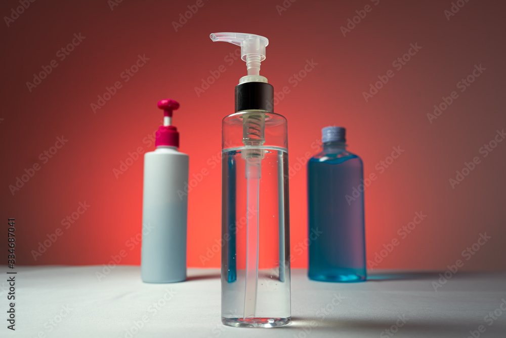 Alcohol gel In the pump bottle Used for sterilize In the red background