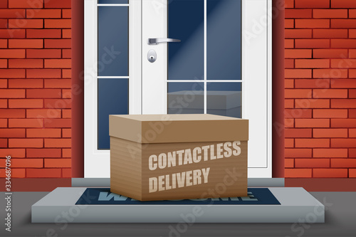 Contactless delivery left at the door during the quarantine. House entrance with delivered box. Control Epidemic Prevention measures of coronavirus. Vector Illustration