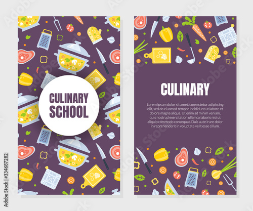 Cooking Class Card Template with Kitchen Utensils Seamless Pattern, Culinary Course o School Design Element Can Be Used for Banner, Brochure, Flyer, Certificate, Card Vector Illustration