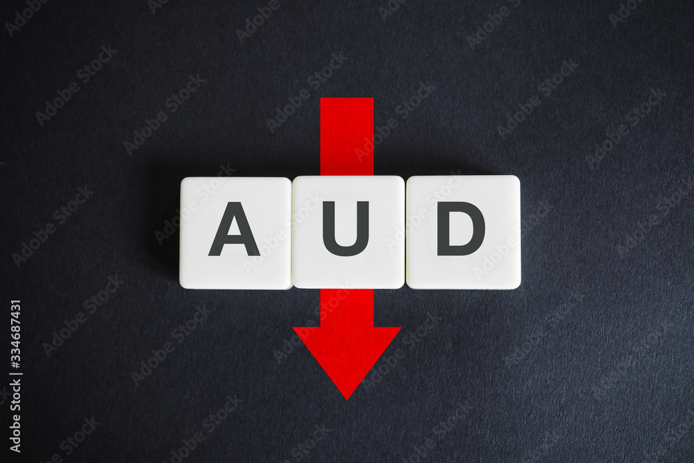 Australian dollar currency ISO code (AUD) and down red arrow on black background. Australian dollar currency ISO code (AUD) and down red arrow on black background.