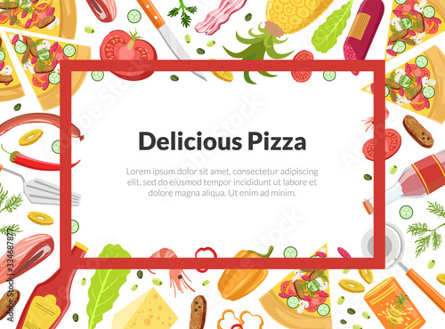 Delicious Pizza Card Template with Cooking Ingredients, Element Can be Used for Restaurant, Cafe Flyer or Certificate Vector Illustration
