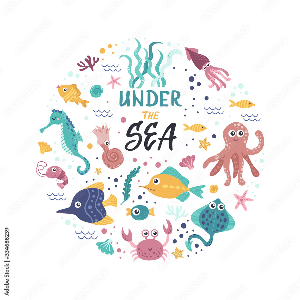 Cute poster with seaweeds and fishes