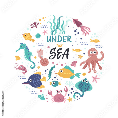 Cute poster with seaweeds and fishes