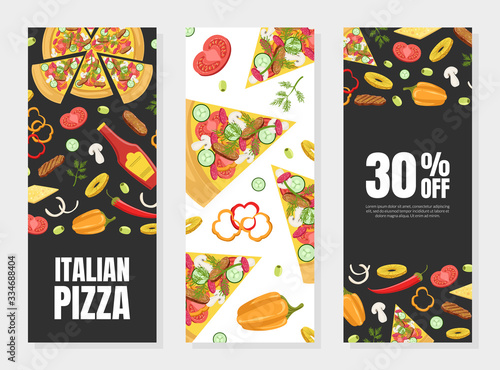 Italian Pizza Card Template Set, Element Can be Used for Restaurant or Cafe Menu, Flyer, Certificate, Delivery Service Vector Illustration