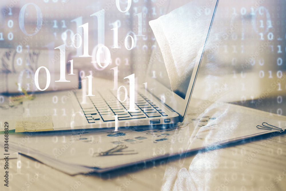 Double exposure of laptop computer and technology theme hologram. Concept of freelance work. Double exposure of laptop computer and technology theme hologram. Concept of freelance work.