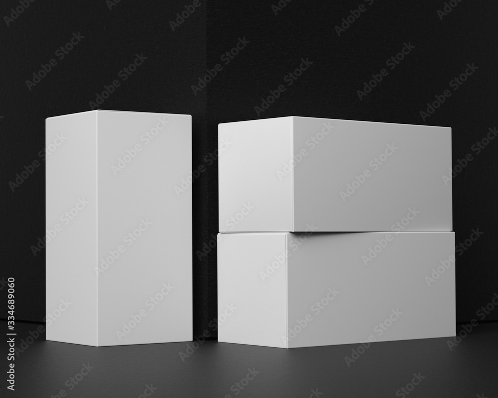 3D rendering of a mock up of rectangular boxes on a background of black paper, for presentation of graphic design 3D rendering of a mock up of rectangular boxes on a background of black paper, for presentation of graphic design