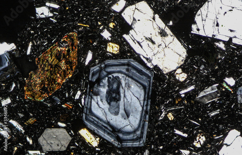 Big minerals of a volcanic rock under microscope