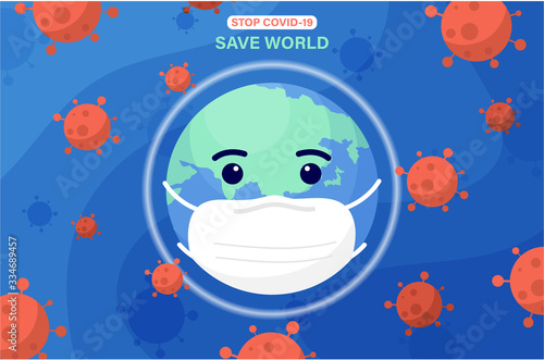 World character wearing protective medical mask with coronavirus around the world. Corona virus and covid-19 outbreaking and pandemic attack concept.