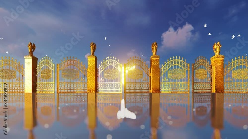Golden gates of heaven opening revealing glowing angel and flying white doves, 4K photo