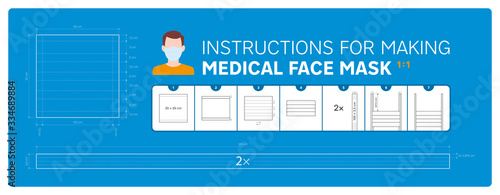 Vector instruction for making medical face mask. Blueprint 1:1 tutorial. Blue background.