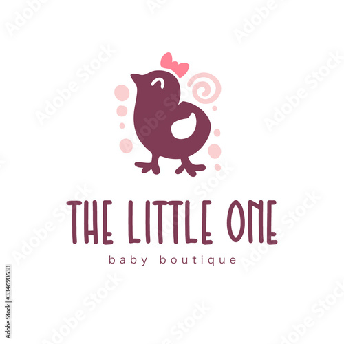Logo design for kid toys store, market, boutique with cute little girl chicken character silhouette isolated on white background. Baby accessories boutique emblem design. Vector flat illustration.