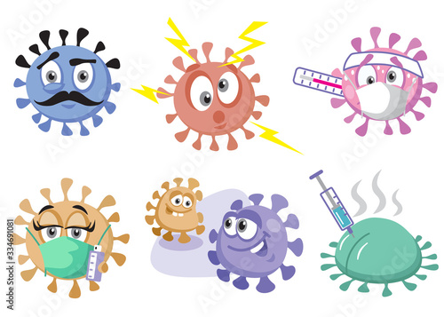 Funny coronavirus Covid 19 set. Vector flat style cartoon character illustration. Isolated on white background. Virus icon.