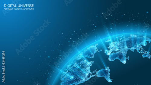 Map of the planet. Spherical World Map. Global social network. Future. Vector. Blue futuristic background with planet Earth. Internet and technology. Floating blue plexus geometric background.