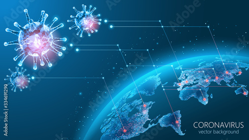 Coronavirus epidemic. Planet Earth. Global. Map. World pandemic. Covid-19. Vector dark blue background with abstract viruses. Low poly 3d image. Lung diseases. The medicine.