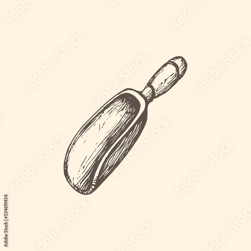 The illustration of a wooden scoop for grains or flour in vector. Drawn miller utensil in the style of engraving.