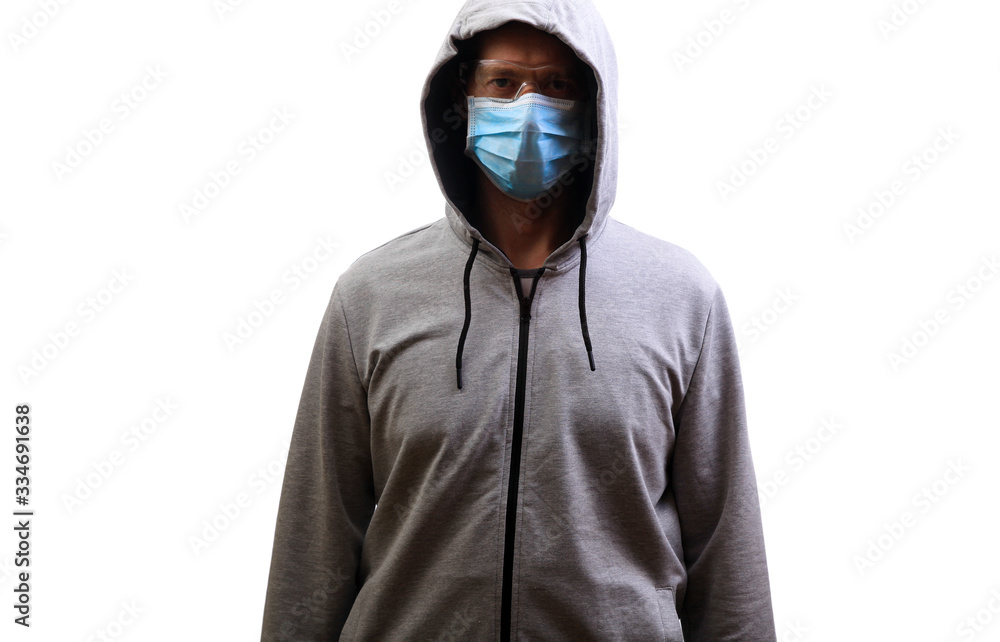 Sports man in hooded jacket, protective glasses, looking into camera, isolate Sports man in hooded jacket, protective glasses, looking into camera, isolate
