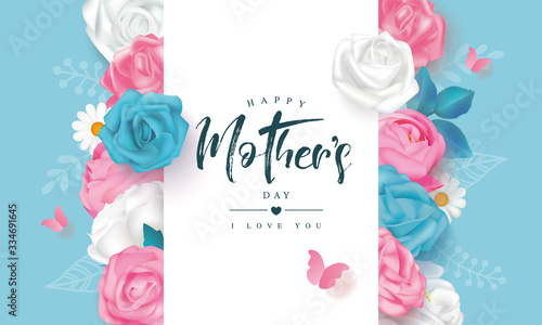 Beautiful mother's day card with roses, peonies, daisies and butterflies.Template design for banner, flyer, card, invitation.Vector illustration