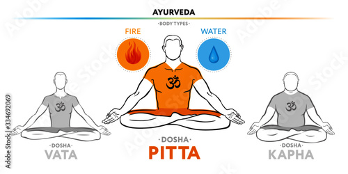 Pitta dosha (or mesomorph) ayurvedic physical constitution of human body type. Editable vector illustration of a man in asana padmasana on a white background, for yoga design - banner, poster, textile