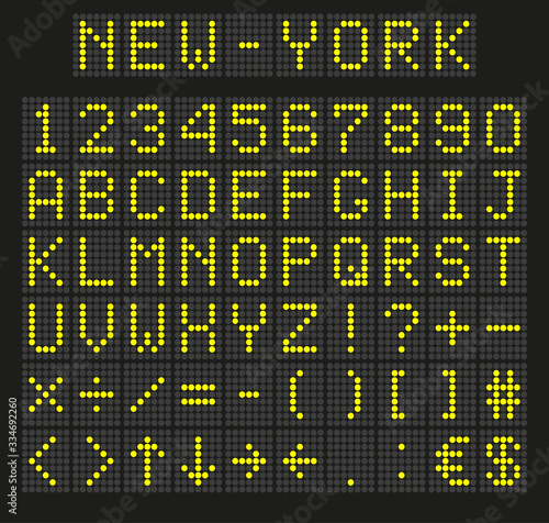Light yellow digital font, letters and numbers. English alphabet in digital screen. LED board concept for billboards, airport, sports matches, and advertising. Vector