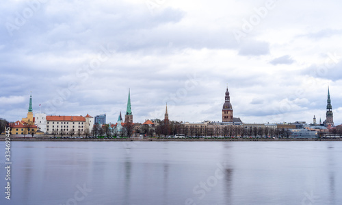 View of the Old Town in Riga from the opposite bank of the Daugava River.