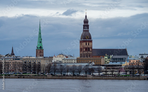 View of the Old Town in Riga from the opposite bank of the Daugava River.