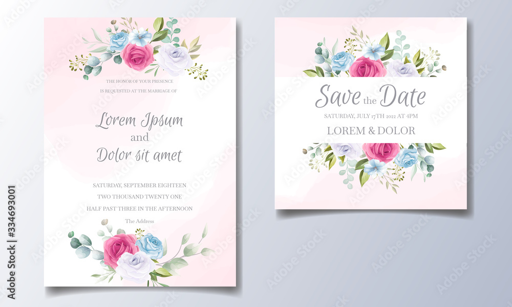 Beautiful and elegant wedding invitation card template set with floral frame