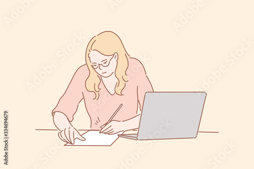Office worker signing contract, business concept. Young businesswoman office secretary, clerk or manager, freelancer employee writing, signing contract, fills questionnaire or application form profile