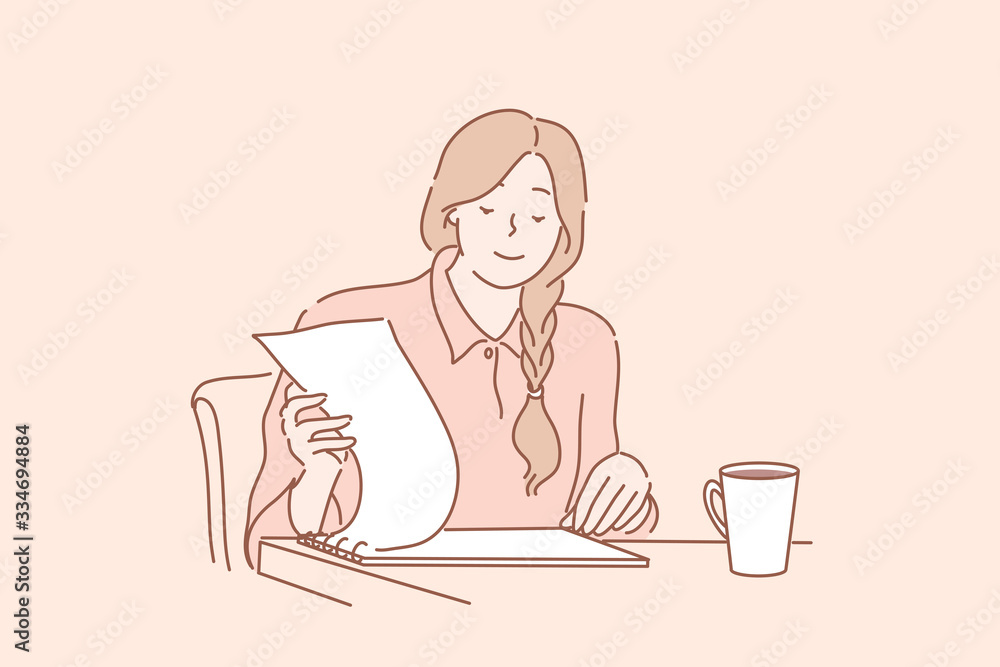 Office clerk reading report, audit, contract, business concept. Young smiling businesswoman clerk manager boss reads, searching, leafs, checks report or contract at office. Profit analysis. Paperwork. Office clerk reading report, audit, contract, business concept. Young smiling businesswoman clerk manager boss reads, searching, leafs, checks report or contract at office. Profit analysis. Paperwork.