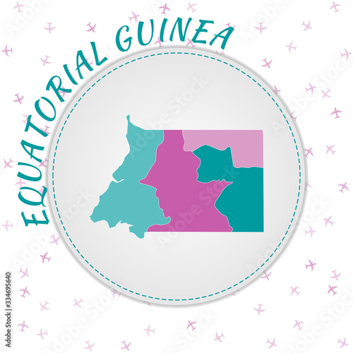 Equatorial Guinea map design. Map of the country with regions in emerald-amethyst color palette. Rounded travel to Equatorial Guinea poster with country name and airplanes background.