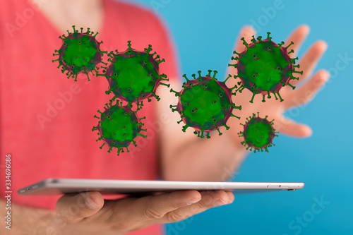 Hologram of coronavirus COVID-2019 on a protection futuristic background. Deadly type of virus 2019-nCoV. 3D models of coronavirus bacteria. Vectonic illustration in HUD style. photo